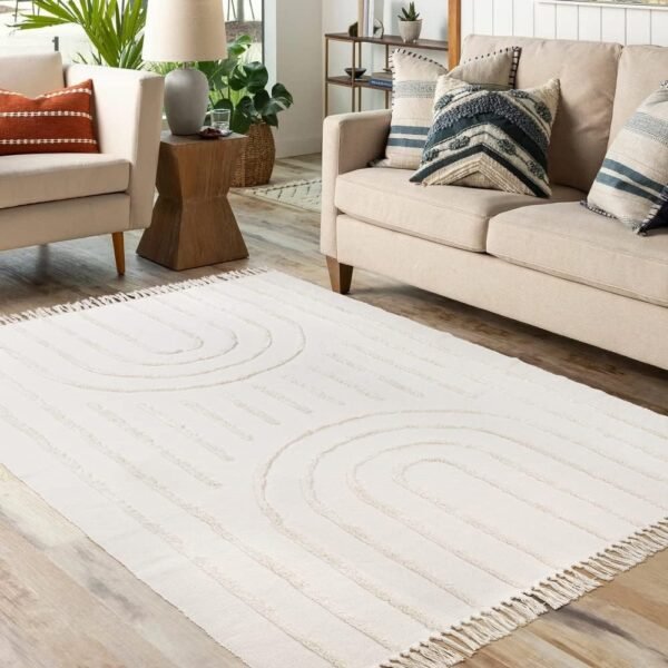 Boho Area Rug 5' x 7'，Tufted Cotton Rainbow Living Room Rug Hand Woven Washable Farmhouse Tribal Floor Carpet for Entryway Bedroom Kitchen, Beige