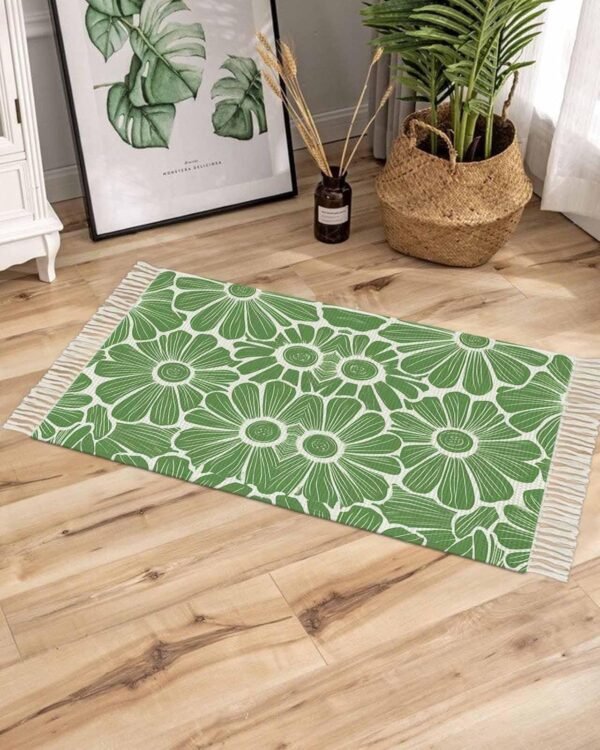 Green Spring Floral Bath Rug 2x3ft Woven Bathroom Entryway Runner Rug,Pastoral Flower Abstract Washable Living Room Hallway Bedroom Kitchen Carpet with Tassels,Indoor Outdoor Throw Doormat