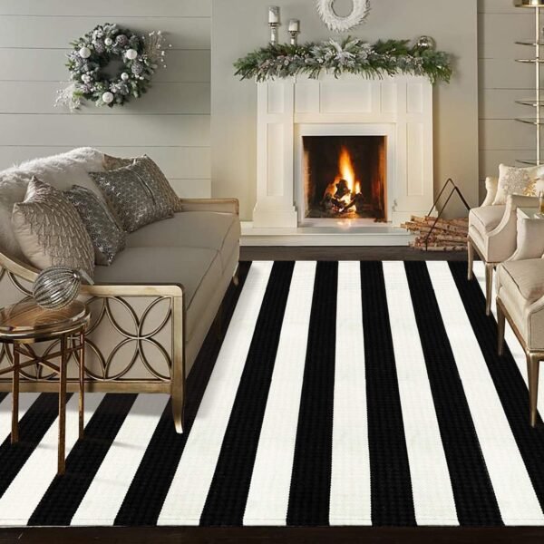 Black and White Striped Rug 5' 7" x 7' 7" Washable Large Patio Rug Cotton Hand Woven Indoor Outdoor Rug Farmhouse Casual Flatweave Rug Floor Carpet for Porch Decor Backyard Dining Room Entryway