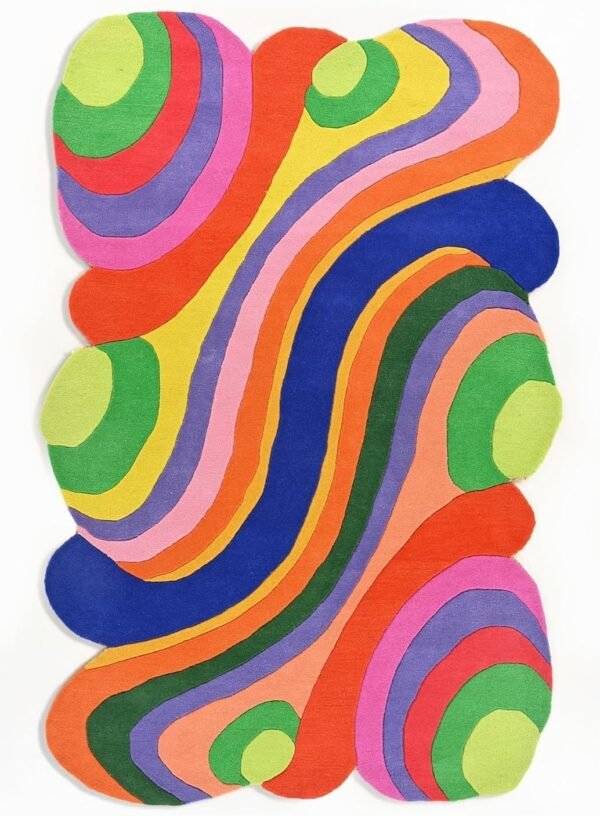 Modern Handmade Colorful Wave Design Wool Area Rug - Artistic Rainbow Pattern | Thick and Plush Carpet for Contemporary Living Room, Bedroom, or Kids’ Playroom (Multi Color, 8' Round)