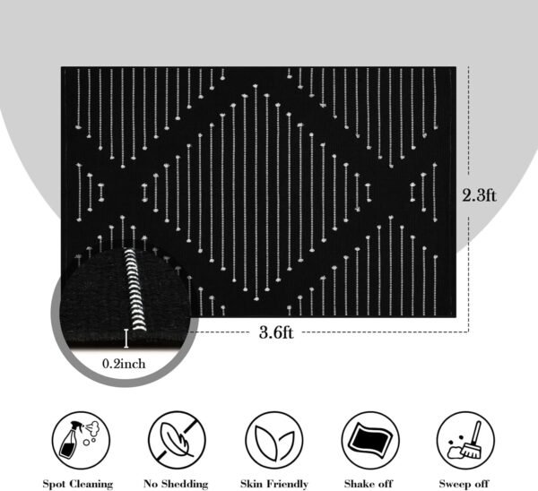 Black Outdoor Rug 2.3' x 3.6', Boho Cotton Washable Rug Moroccan Front Door Mat,Hand-Woven Area Rug Throw Carpet for Layered Porch Entryway Kitchen,Front Door Decor - Image 2