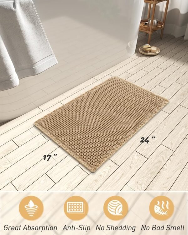 Upgraded Waffle Bath Mat, Super Absorbent Non Slip Bath Mats for Bathroom Floor, Machine Washable Bathroom Rugs with Tassels, Rubber Backed Bathroom Mats, Ultra Soft, 17" x 24", Brown - Image 2