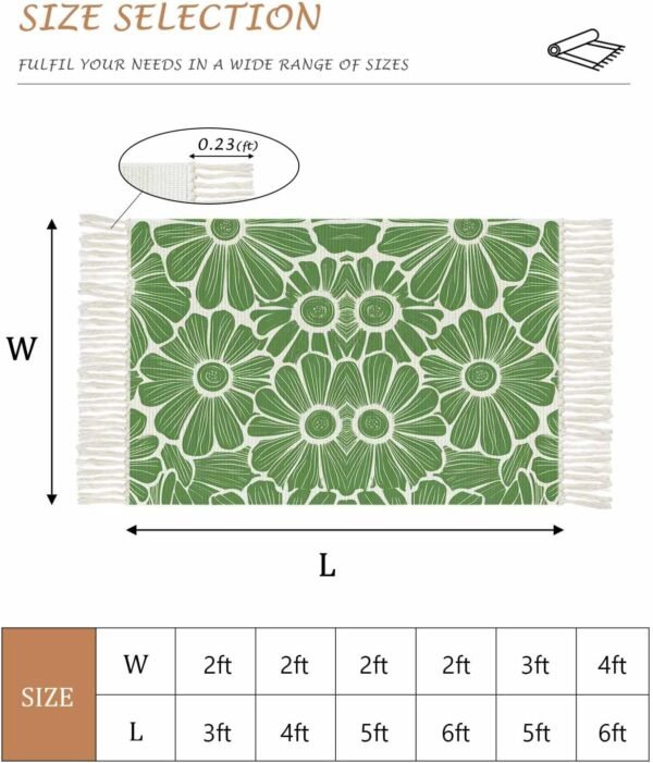 Green Spring Floral Bath Rug 2x3ft Woven Bathroom Entryway Runner Rug,Pastoral Flower Abstract Washable Living Room Hallway Bedroom Kitchen Carpet with Tassels,Indoor Outdoor Throw Doormat - Image 2