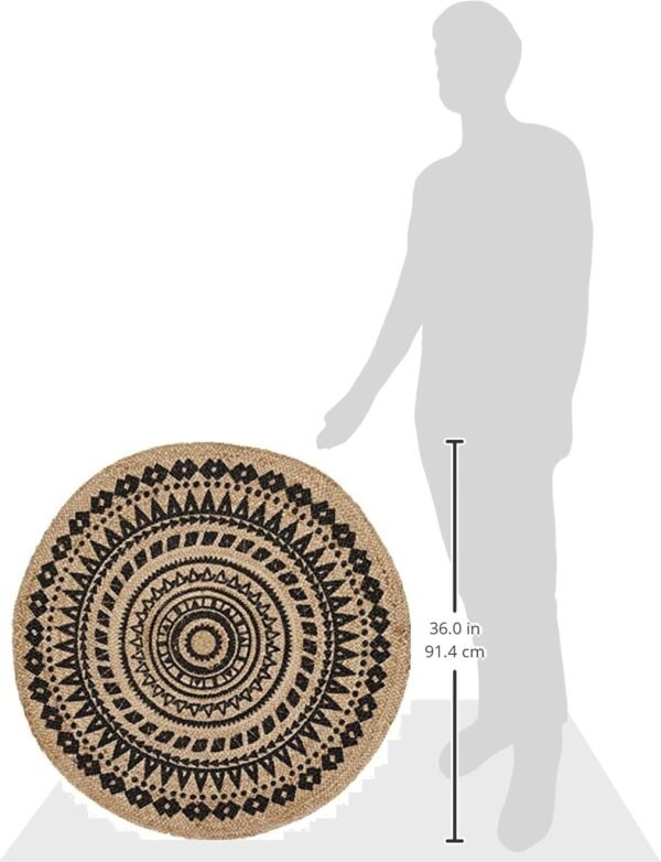 Area Rug - 3' Round, Black & l, Handmade Boho Mandala Braided Jute, Ideal for High Traffic Areas in Living Room, Bedroom - Image 2