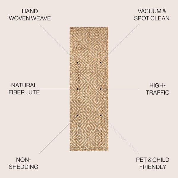 Hand Woven Diamond Chunky Jute Indoor Area -Rug Bohemian Farmhouse Easy -Cleaning Bedroom Kitchen Living Room Non Shedding, 2 X 8, Natural Color - Image 2