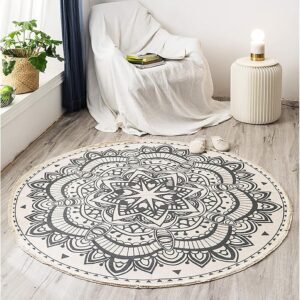 4 Ft Round Rug, Hand Woven Cotton Round Area Rug with Tassels, Machine Washable Bohemian Mandala Circular Throw Rug Floor Carpet Mat for Bedroom, Living Room, Playroom