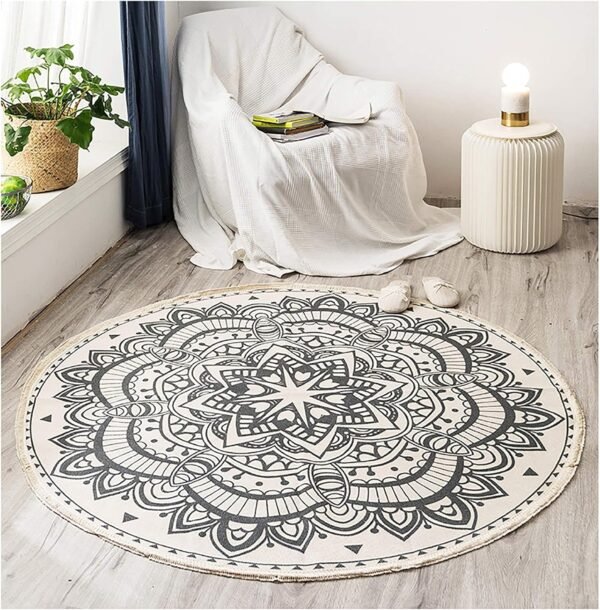 4 Ft Round Rug, Hand Woven Cotton Round Area Rug with Tassels, Machine Washable Bohemian Mandala Circular Throw Rug Floor Carpet Mat for Bedroom, Living Room, Playroom