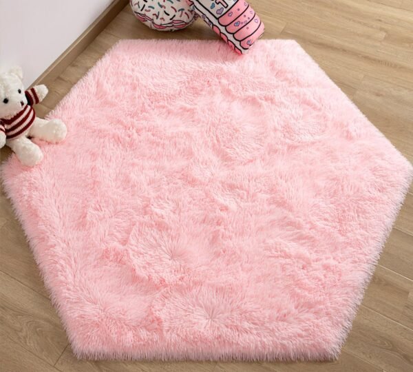 Pink Hexagon Rug for Princess Tent, Fluffy Area Rug for Kids Room, 4x4.6 Feet for Girls Tent, Furry Soft Nursery Rug, Fuzzy Plush Carpet for Teen Girls Bedroom