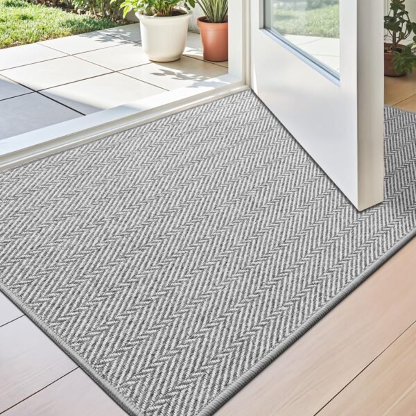 Ultra Thin Indoor Door Mat for Entrance 17"x30", Non Slip Entryway Mat, Low Profile Doormat, Unique Herringbone Design Carpet for Inside, Patio, Porch, Gray