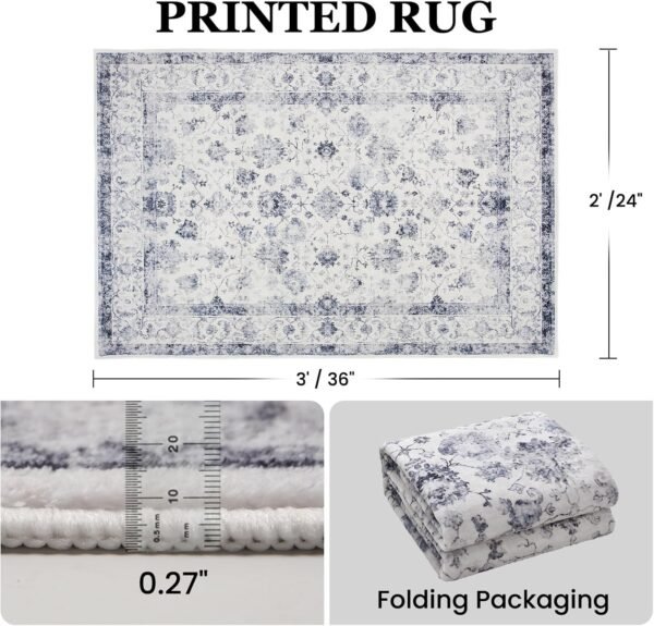 Washable Area Rugs 2x3 Door Mat Entryway Vintage Floral Non-Slip Low Pile Entrance Thin Rug Carpet for Kitchen Bathroom Living Room Grey - Image 2