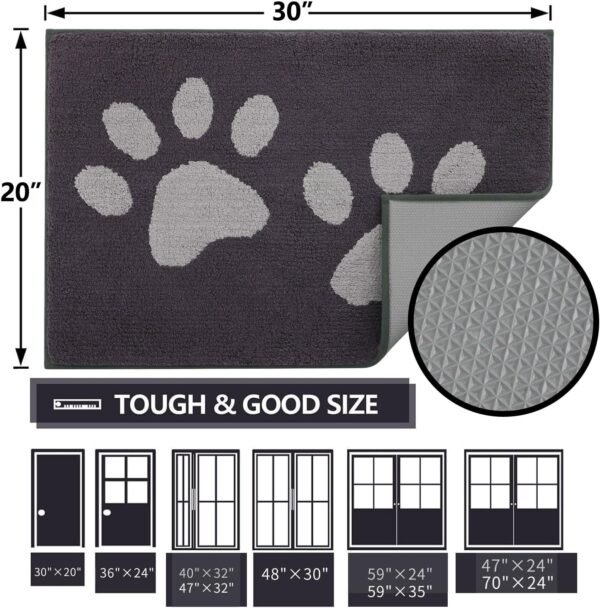 Dog Door Mat for Muddy Paws, Absorbent Dirt Trapper Washable Indoor Doormats, Non Slip Low-Profile Mud Mat for Dogs, Front Entrance Doormat for Inside Floor (30x20 Inches, Dark Grey) - Image 2