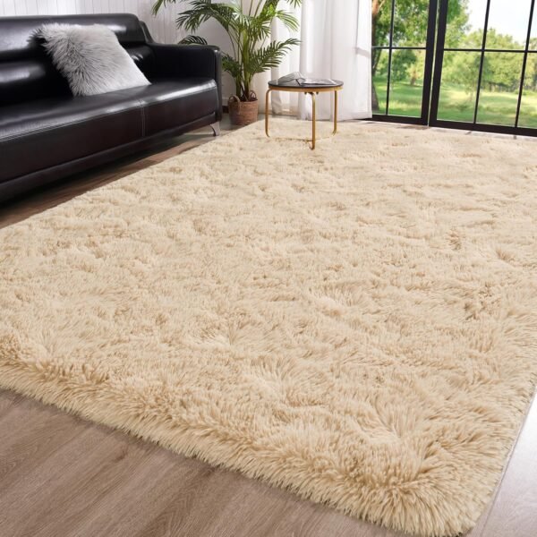 Toneed Fluffy Bedroom Rug, 4 x 6 Feet Shaggy Area Rug Modern Furry Rug Plush Fuzzy Carpet for Living Room  Kids Room Nursery Kindergarten Home Decorative, Beige