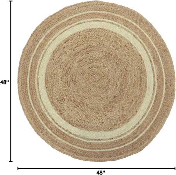 100% Jute Area Rug Approx 4 Feet - Braided Design Hand Woven l White Rings Carpet - Home Decor for Living Room Hallways - Round s - Image 2