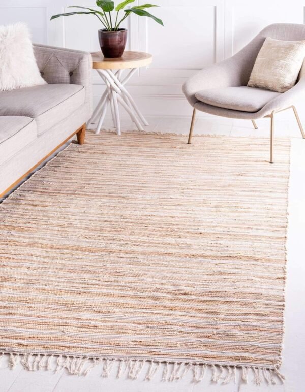 Soft Hand Woven Natural Fiber Striped Area Rug, 4 ft x 6 ft, Beige/Ivory