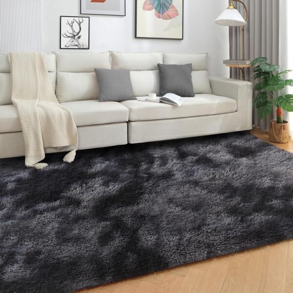 Area Rugs for Bedroom Living Room, 3x5 ft Tie-Dyed Shag Carpet, Fluffy Plush Soft Throw Rug for Kids Nursery Lounge Indoor, Washable Non-Slip Furry Floor Rug for Home Decor, Dark Grey - Image 2