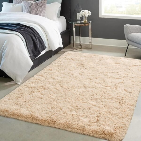Toneed Fluffy Bedroom Rug, 4 x 6 Feet Shaggy Area Rug Modern Furry Rug Plush Fuzzy Carpet for Living Room  Kids Room Nursery Kindergarten Home Decorative, Beige - Image 2