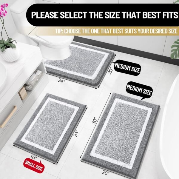 Bathroom Rugs 24x16, Extra Soft and Absorbent Microfiber Bath Mat, Non-Slip, Machine Washable, Quick Dry gy Bath Carpet, Suitable for Bathroom Floor, Tub, Shower (Small, Grey) - Image 2