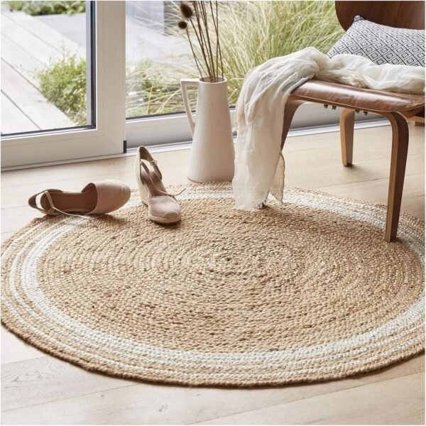 100% Jute Area Rug Approx 4 Feet - Braided Design Hand Woven l White Rings Carpet - Home Decor for Living Room Hallways - Round s