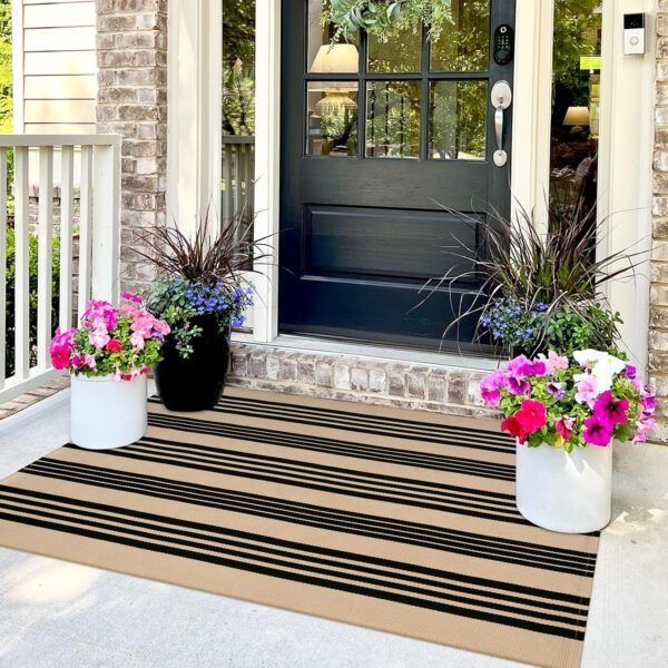 Outdoor Rug 3'x5', Black and Tan Area Rug Machine Washable Rugs Cotton Hand Woven Entry Rug Indoor Outdoor Striped Carpet for Front Porch/Deck/Backyard/Camping/Living Room - Image 2