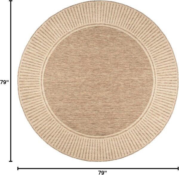 6'7" Round Outdoor Area Rug, Casual Design With Striped Border, Stain Resistant, Highly Durable, For Patio, Balcony, Bedroom, Living Room, Dining Room, Bathroom, Light Brown - Image 2