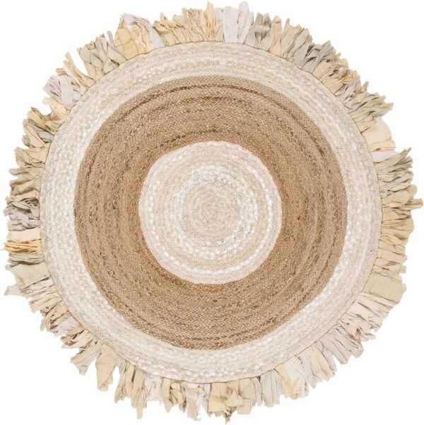 Cape Cod  Area Rug - 4' Round, Beige & l, Handmade Boho Fringe Jute & Cotton, Ideal for High Traffic Areas in Living Room, Bedroom - Image 2