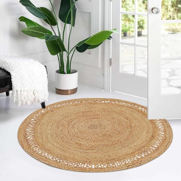 Hand Woven Farmhouse Jute Area Rug 4 Ft Round Natural Yarn, Rustic Vintage Beige Braided Reversible Rug, Eco Friendly Rugs for Bedroom, Kitchen, Living Room, Farmhouse 100% Jute Rug - Image 2