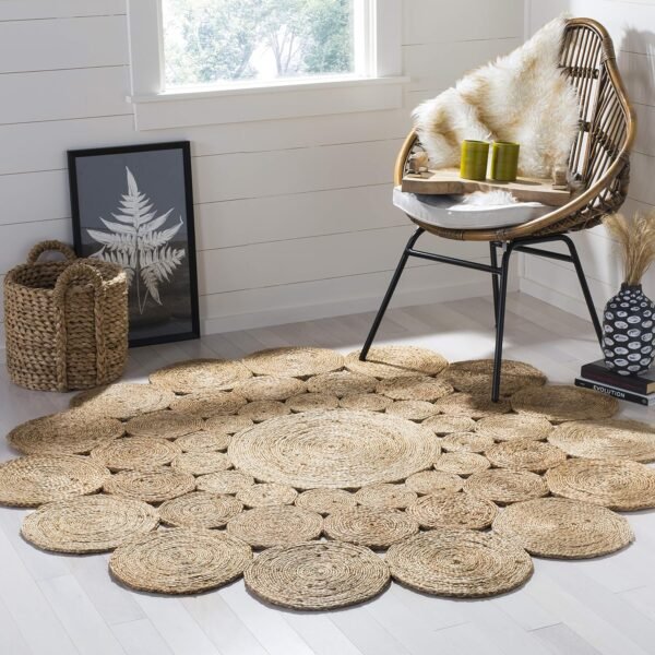 Area Rug - 3' Round, l, Handmade Boho Charm Farmhouse Jute, Ideal for High Traffic Areas in Living Room, Bedroom