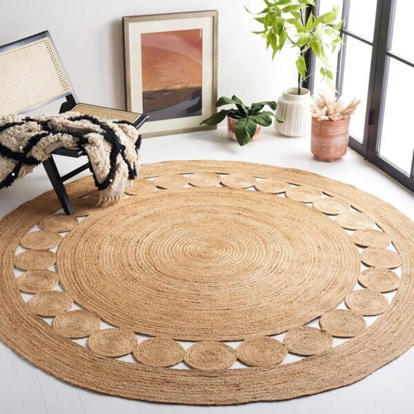 Area Rug - 3' Round, l, Handmade Boho Charm Farmhouse Jute, Ideal for High Traffic Areas in Living Room, Bedroom
