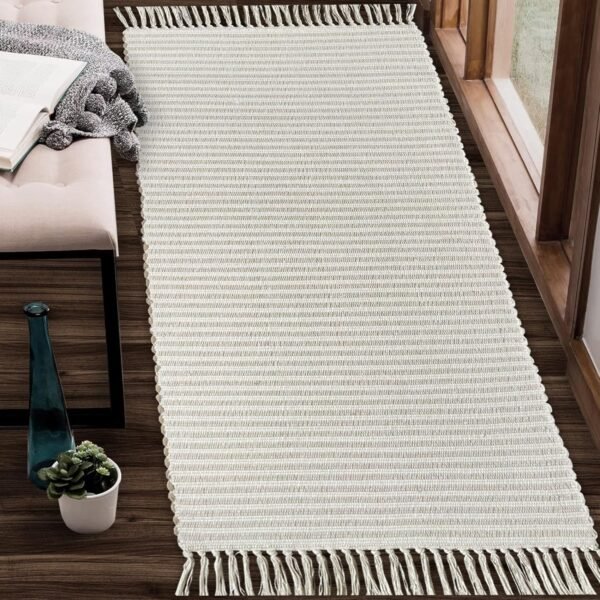 Beige & Ivory Providence Throw Rug 2x6 feet |Hand Woven Farmhouse Rug | Great in Kitchens entryways doormats Bathrooms Meditation Mat | Machine Washable & Reversible Cotton Rug