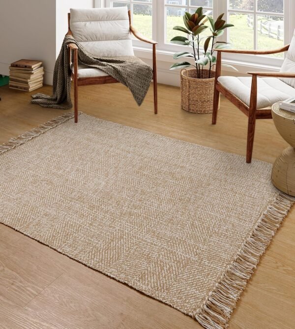 Comfy Area Rug 4' x 6', Tan/Cream Woven Cotton Bedroom Rugs, Modern Indoor  Rug Floor Carpet with Tassel for Living Room, Nursery Room, Dining Room, Bedside, Office, Patio Decor