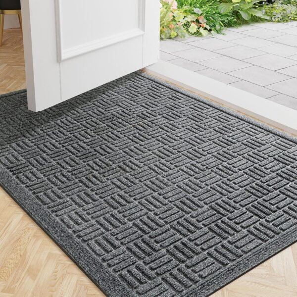 Front Door Mat Indoor Outdoor Entrance, Dirt Trapping Waterproof All-Season, All-Weather Doormat, Non-Slip Durable Natural Rubber Low Profile Easy Clean Patio Entrance Mat, 29.5" x 17", Grey