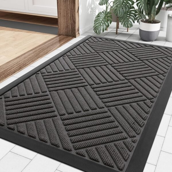 Front Door Mat Outside Entrance, Heavy Duty Outdoor Indoor Natural Rubber Doormat, Non Slip, Trap Dirt and Moisture, Easy Clean, Low Profile Patio Porch Entryway Mat, 29.5x17, Grey