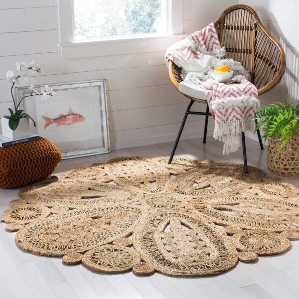 Area Rug - 5' Round, l, Handmade Boho Charm Farmhouse Jute, Ideal for High Traffic Areas in Living Room, Bedroom