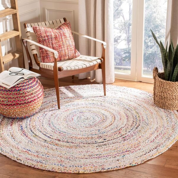 Braided  Area Rug - 4' Round, Ivory & Multi, Handmade Boho Reversible Cotton, Ideal for High Traffic Areas in Living Room, Bedroom