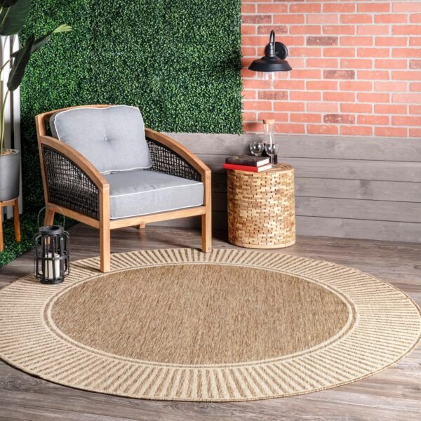 6'7" Round Outdoor Area Rug, Casual Design With Striped Border, Stain Resistant, Highly Durable, For Patio, Balcony, Bedroom, Living Room, Dining Room, Bathroom, Light Brown