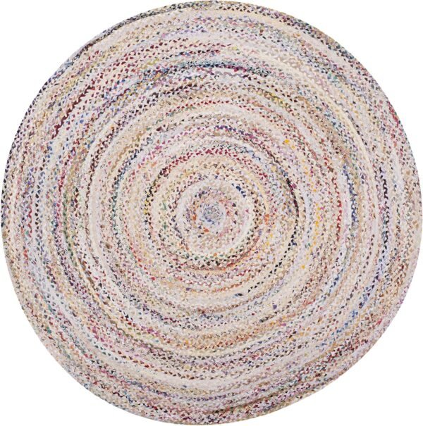 Braided  Area Rug - 4' Round, Ivory & Multi, Handmade Boho Reversible Cotton, Ideal for High Traffic Areas in Living Room, Bedroom - Image 2