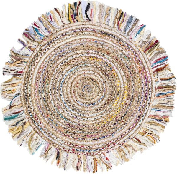 Cape Cod  Area Rug - 4' Round, Ivory & Light Beige, Handmade Boho Fringe Jute & Cotton, Ideal for High Traffic Areas in Living Room, Bedroom - Image 2