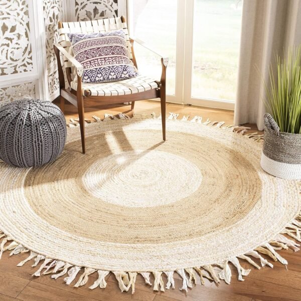 Cape Cod  Area Rug - 4' Round, Beige & l, Handmade Boho Fringe Jute & Cotton, Ideal for High Traffic Areas in Living Room, Bedroom