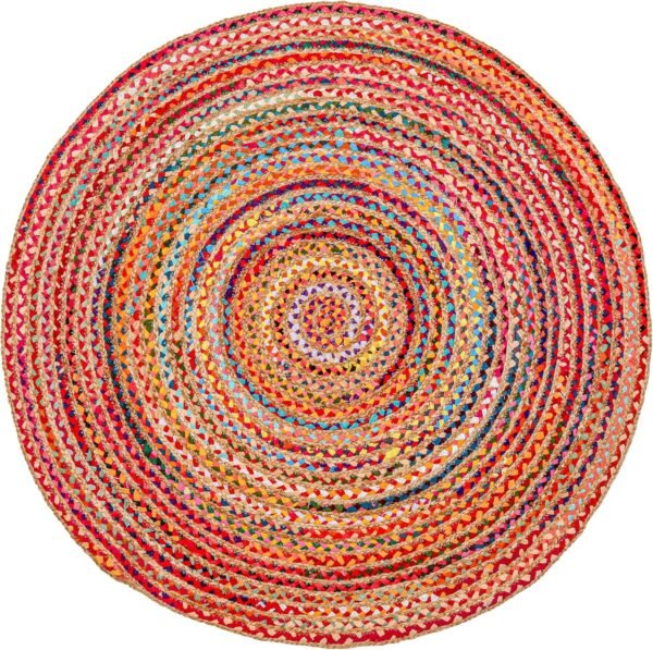 Bohemian Braided Rug 5' Round - Multi Color, Rustic Hand Woven Rag Rugs for Kitchen, Kids Bedroom, Living Room | Colorful Farmhouse Pet Friendly Reversible Decorative Carpet - Image 2