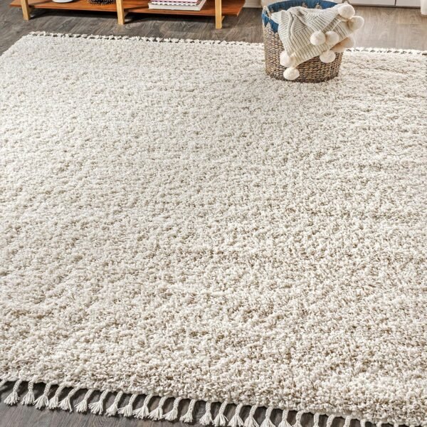 Shag Plush Tassel Indoor Area-Rug Bohemian Modern Contemporary Solid Easy-Cleaning Bedroom Kitchen Living Room, 8 X 10, Cream with Tassel
