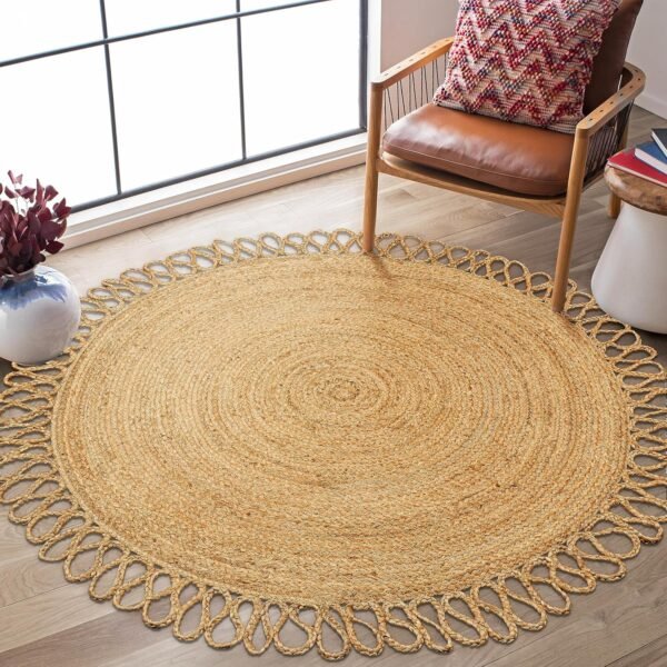 Hand Woven Braided Jute Rug - 4' Round - Reversible Farmhouse Dining Room Rug, Living Room, Bedroom, Kitchen - l Decorative Floor Circle Boho Entry Area Rugs - 4 Foot Round Rug