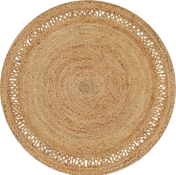 Hand Woven Farmhouse Jute Area Rug 4 Ft Round Natural Yarn, Rustic Vintage Beige Braided Reversible Rug, Eco Friendly Rugs for Bedroom, Kitchen, Living Room, Farmhouse 100% Jute Rug