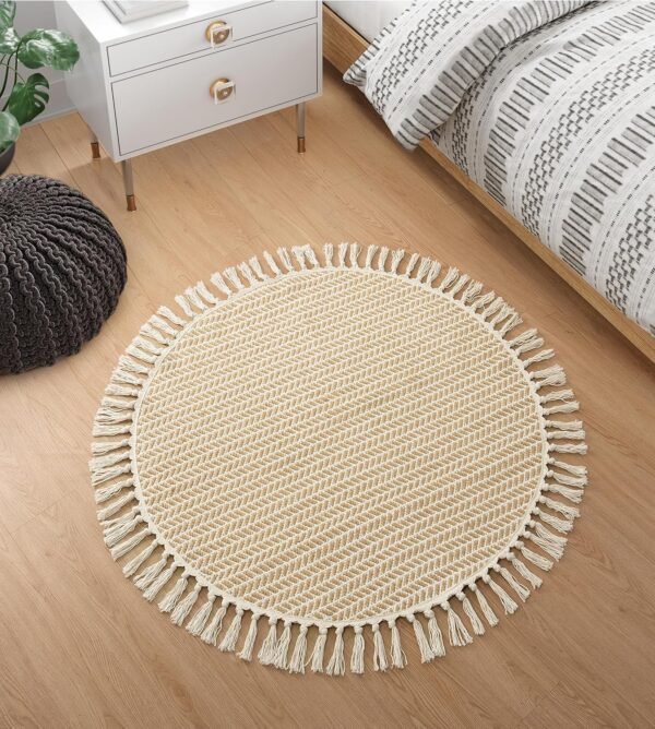 Boho Round Rug 3ft, Small Circle Rugs for Entryway Kitchen Cotton Washable Indoor Door Bath Mat with Tassels, Farmhouse Round Area Rug Non Shedding Circle Carpet for Bedroom Entry, Khaki