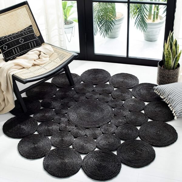 Area Rug - 4' Round, Black, Handmade Farmhouse Rustic Country Jute, Ideal for High Traffic Areas in Living Room, Bedroom