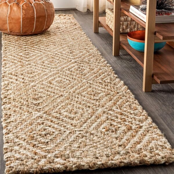 Hand Woven Diamond Chunky Jute Indoor Area -Rug Bohemian Farmhouse Easy -Cleaning Bedroom Kitchen Living Room Non Shedding, 2 X 8, Natural Color